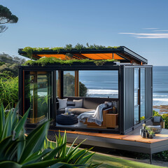 Fototapeta premium a modern modular home constructed from shipping containers, mobile, house, captivating, Shipping Container Tiny Home, steel containers, supreme quality, superior lighting