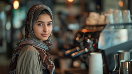 Fototapeta premium Hijabi Barista in Trendy Coffee Shop. Young hijabi barista smiling at the camera while working in a trendy coffee shop, with coffee machines in the background.