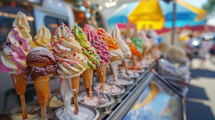 Fototapeta premium On a hot summer day, an ice cream stand offers a colorful array of refreshing flavors.