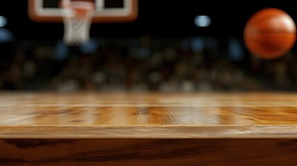 close up of empty wooden table with blurred basketball court background