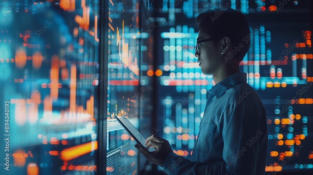 Poster man with data analytics chart graph screen visualization for modern futuristic digital business inno