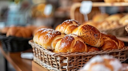 Freshly baked pastries in a wicker basket displayed on a wooden counter at a bakery, showcasing delicious and golden-brown treats.