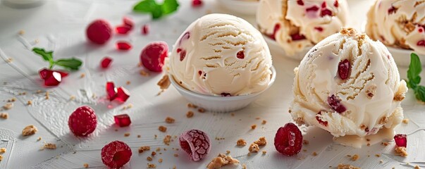 Fototapeta premium Delicious caramel ice cream scoops on a white plate with colorful candy decorations and crumbs on a light background.