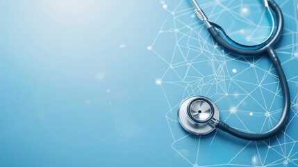 Stethoscope for medical doctor diagnosis on blue health science laboratory background with copy space, ideal for healthcare, medical research, and professional medical settings