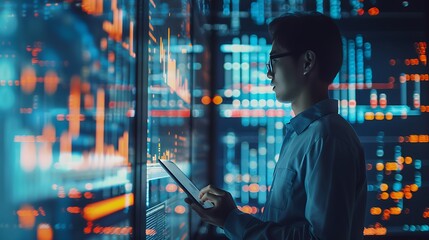 Man with Data Analytics Chart Graph Screen visualization for Modern Futuristic Digital Business Innovation Technology Concept.