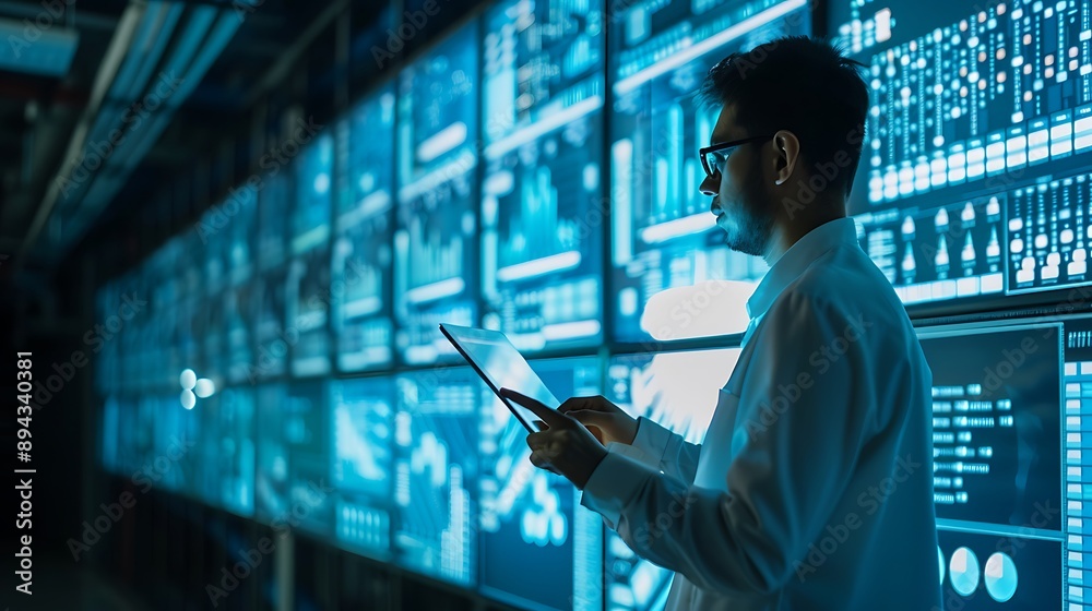Poster man with data analytics chart graph screen visualization for modern futuristic digital business inno