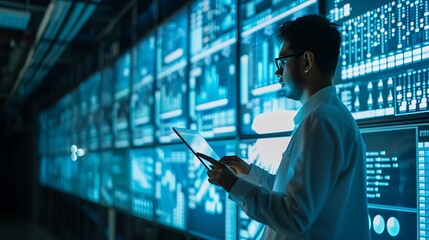 Man with Data Analytics Chart Graph Screen visualization for Modern Futuristic Digital Business Innovation Technology Concept.