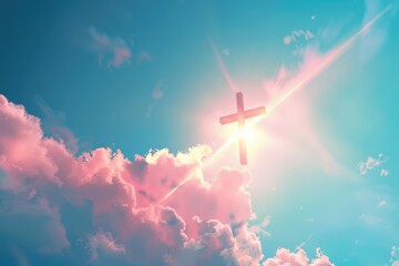 Fototapeta premium Bright Christian cross in sky symbolizes love hope freedom.