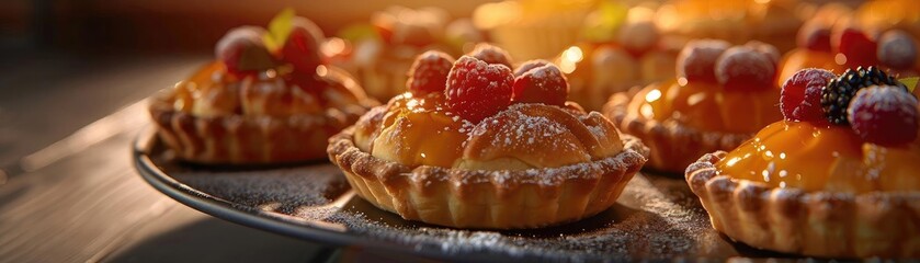 Delicious fruit tarts with a flaky crust, topped with fresh berries and a dusting of powdered sugar. Perfect for a sweet treat.
