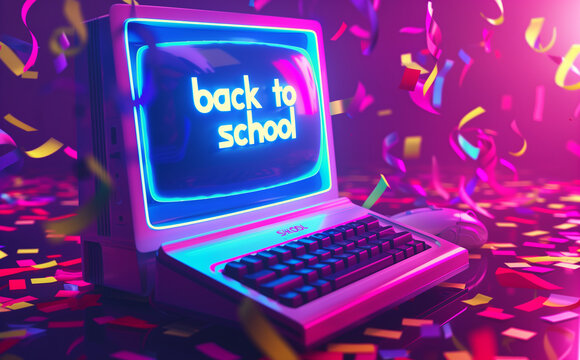Vector illustration of a neon computer with "back to school" text on the screen and a colorful confetti background, with a glowing effect, in the style of vector illustration, 3d rendering - Powered by Adobe