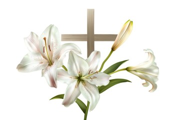 Easter card with cross and lilies on white background. © Isuru