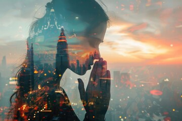 Girl praying for city  faith  spirituality  religion  church background.