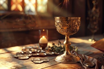 Fototapeta premium Holy communion. Catholic theme. Wooden background. Place for typography.