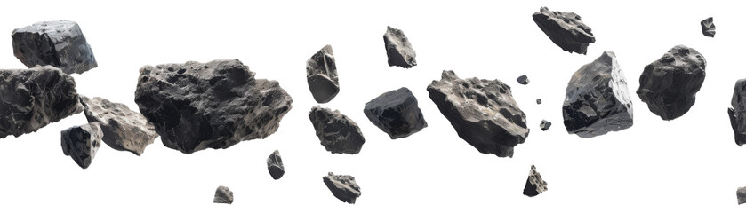 Naklejka premium Meteor asteroids stones floating outer space isolated on background, group of rock flying in the galaxy.