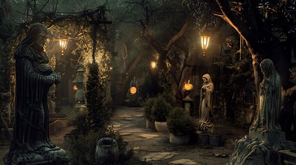 Fototapeta premium Halloween night transforms the garden into a creepy landscape where statues appear alive and follow your every move amidst oddly shaped trees and winding paths