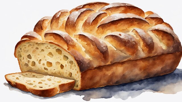 A watercolor whole loaf of artisan bread with a rustic crusty exterior