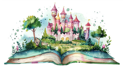 An open magic fairy tale book with a castle