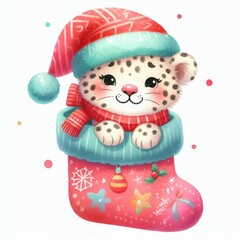Fototapeta premium Cute leopard wearing a Santa hat peeking out of a Christmas stocking.