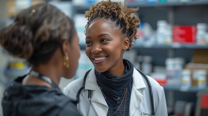 Obraz premium Female Doctor Discussing with Patient. Female doctor with a stethoscope smiles while talking to a patient in a clinical setting, fostering a supportive atmosphere.