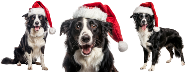 Adorable Border Collie Dogs Bundle Wearing Festive Santa Hats - Christmas Holiday Pets, Happy Dogs in Red Santa Caps, Isolated Transparent Background