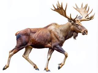Obraz premium A majestic moose in mid-stride, antlers tall, eyes focused ahead, powerful legs propelling it forward, isolated on a transparent background, showcasing its natural beauty.