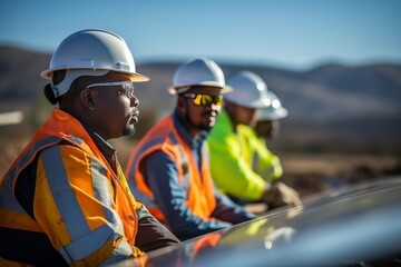 Fototapeta premium Roof solar panel installation by construction workers in hardhats ensuring safety measures