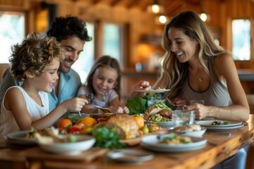Happy Family Dining on Locally Sourced Meal in Sustainable Home, Embracing Local Agriculture and Eco-Friendly Practices