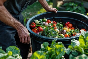 Eco-Friendly Living: Man Setting Up a Compost Bin to Reduce Food Waste in Sustainable Home