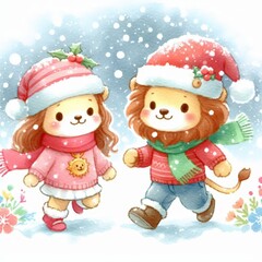 Cute lion couple wearing winter clothes and walking in the snow.