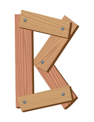 Wooden alphabet font, symbol B. Texture letter isolated on white, vector illustration. Typography typeface made of wooden planks