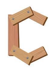 Wooden alphabet font, symbol C. Texture letter isolated on white, vector illustration. Typography typeface made of wooden planks