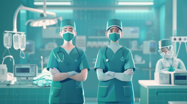 Emergency room surgeon and anesthetist doctor team in medical clinic setting for professional nursing care, highlighting teamwork and patient trust in hospital environment, focused on high-quality eme