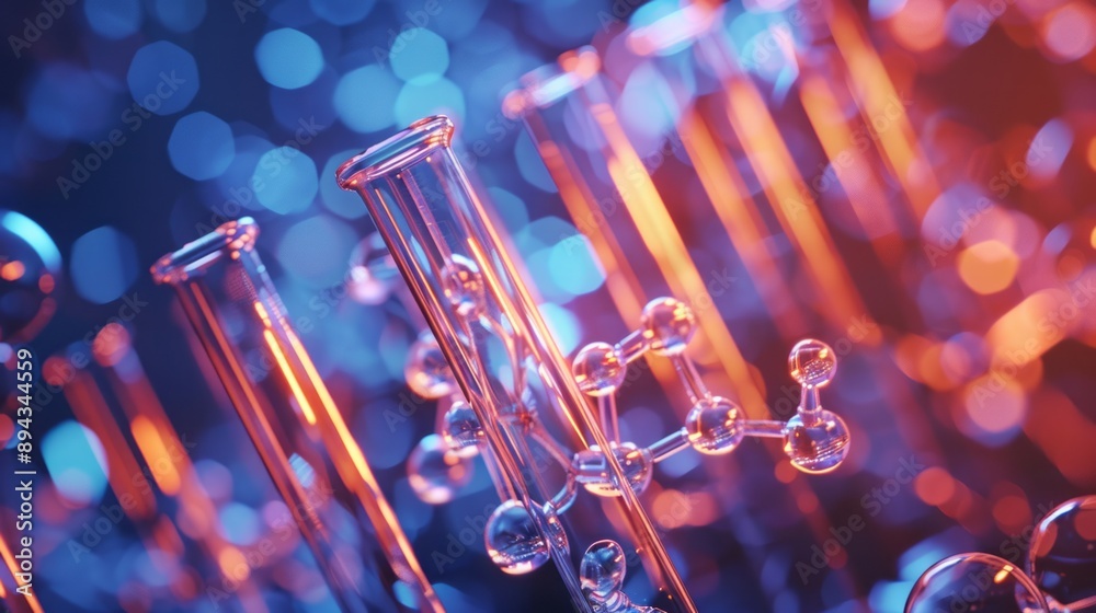 Canvas Prints close-up of colorful test tubes with chemical solutions and 3d molecular structures, ideal for scien
