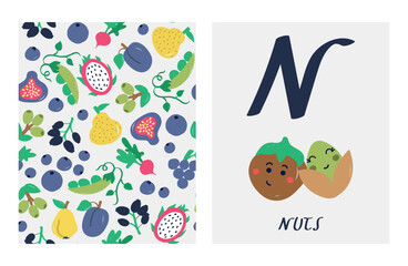 alphabet letters. Cute letter N with nuts. English alphabet for kids. hazelnut and pistachio cartoon character. A double-sided card with a fruit pattern on the reverse side Educational vector card