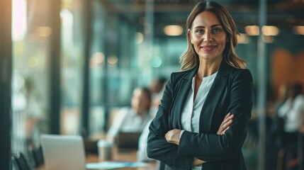 Fototapeta premium Confident Businesswoman Standing in Office with Colleague, Professional Woman in Corporate Environment, Leadership and Success in Business, Modern Workspace, Teamwork and Strategy.