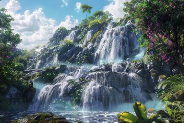 Obraz premium ai generative waterfalls and beautiful paradise-like fantasy world views