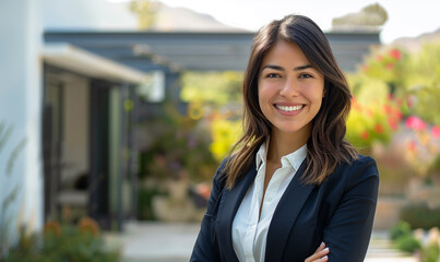 Hispanic female real estate agent. Professional Hispanic woman realtor. Hispanic woman real estate agent smiling.