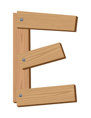 Wooden alphabet font, symbol E. Texture letter isolated on white, vector illustration. Typography typeface made of wooden planks
