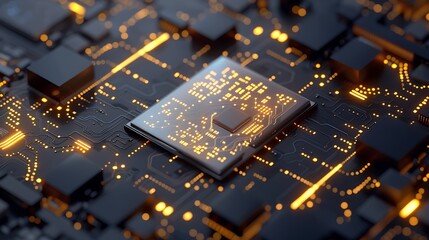 Circuit Board Microchip with Golden Glowing Lights for Modern Futuristic Digital Electronic Technology Concept.