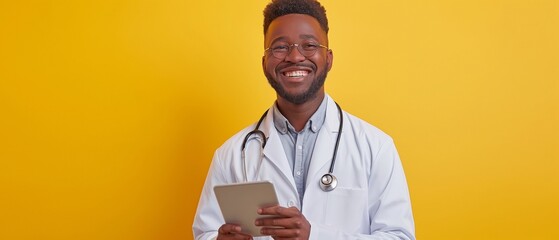 Naklejka premium A cheerful yellow backdrop with a self-assured doctor holding a tablet and grinning while wearing a white coat and stethoscope.