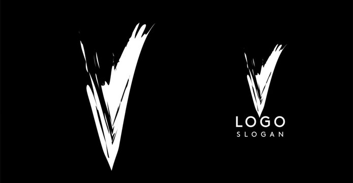Brushstroke handdrawn letter V, check mark. Creative modern logo design, grunge imprint stylish initial logotype for corporate branding, business identity, and professional logos. Vector illustration