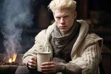 
Portrait of an albino man, sitting by the fireplace, holding a mug of hot cider