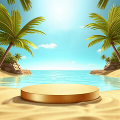 Obraz premium illustration of a podium for product presentation against the backdrop of the sea. pedestal for goods on the seashore on the sand with palm trees and an island