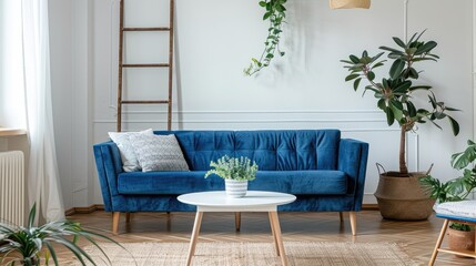 Fototapeta premium Chic living room with a white coffee table, blue couch, plant, and Scandinavian ladder