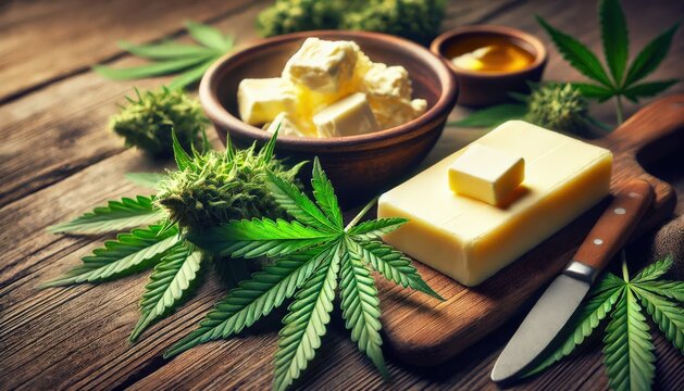 Cannabis leaves and butter on a wooden table, butter in a wooden container and a small bowl.