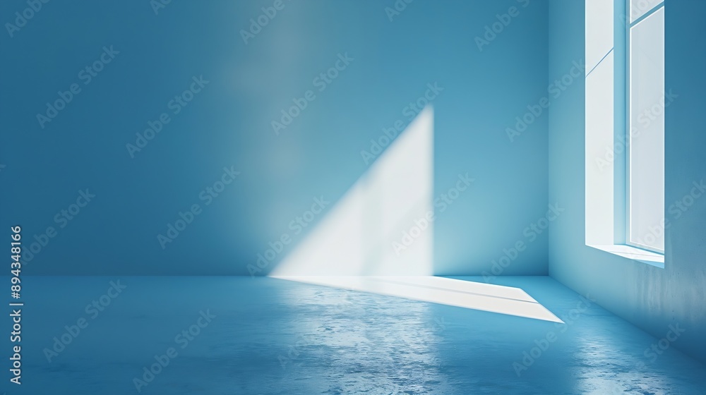 Fototapete Minimalistic simple abstract light blue background for product presentation Shadow and light from windows on wall : Generative AI