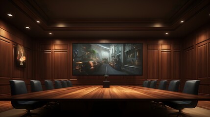A meeting room with a long wooden table, leather chairs, and a large screen for presentations