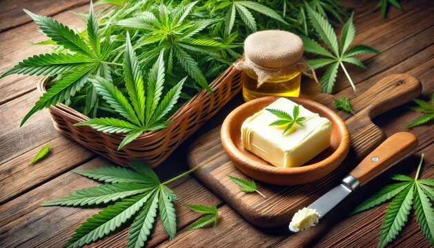 Cannabis leaves and butter on a wooden table, butter in a wooden container and a small bowl.