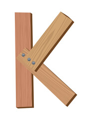 Wooden alphabet font, symbol K. Texture letter isolated on white, vector illustration. Typography typeface made of wooden planks