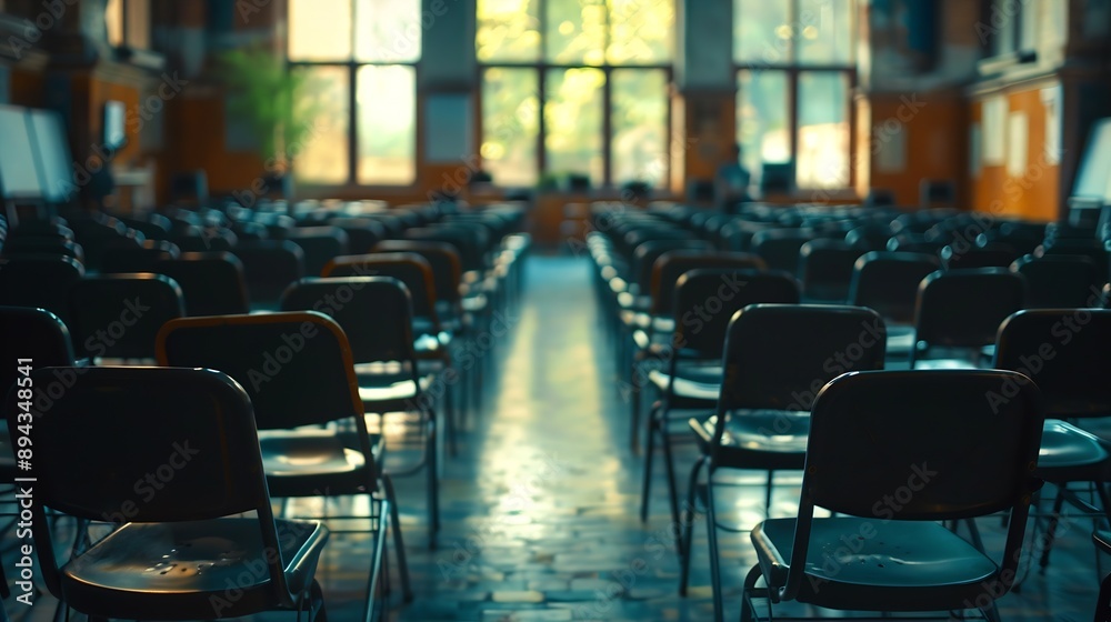 Aufkleber defocused image of empty classroom of a campus with many black chairs arranged in the room empty cla
